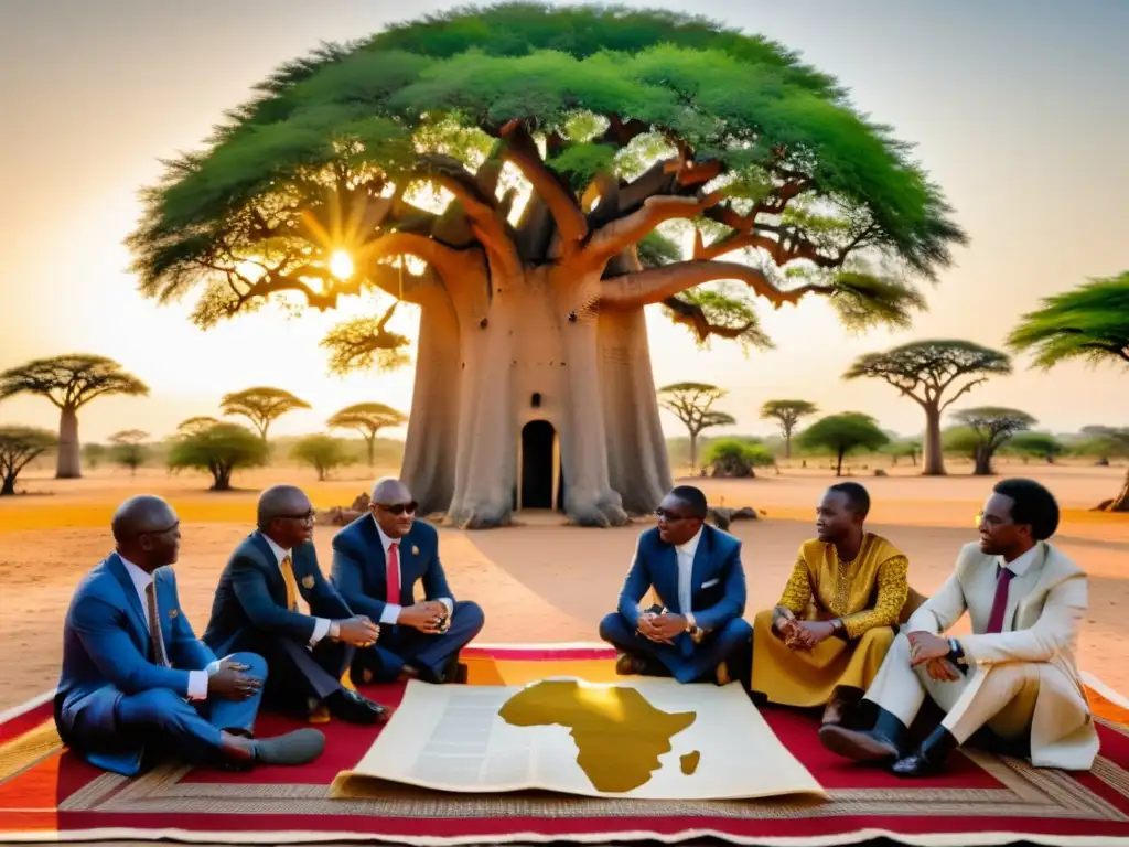 Diplomacia en el Islam africano: Diplomáticos africanos se reúnen bajo un baobab al atardecer, discutiendo con pasión