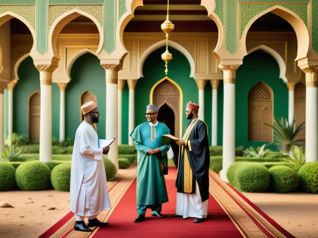 Diplomacia en el Islam africano: Reunión histórica entre diplomáticos islámicos y representantes de reinos africanos, en un escenario ornamental y exuberante