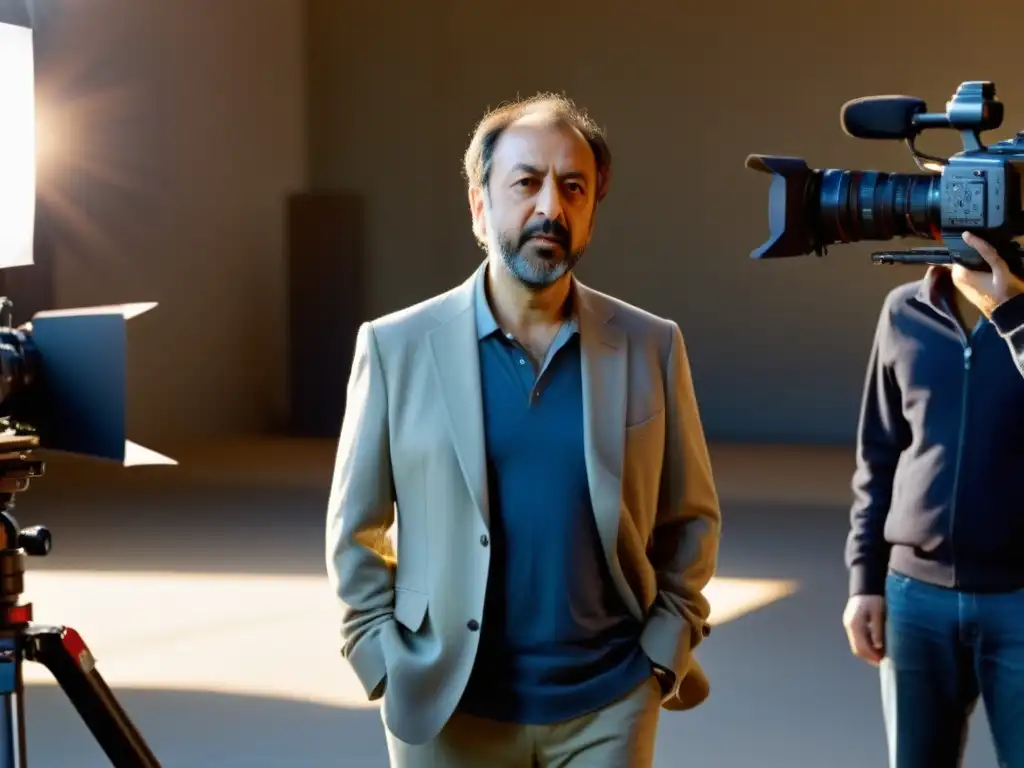 El director Asghar Farhadi dirige una escena en un set cinematográfico, inmerso en concentración y rodeado de un equipo