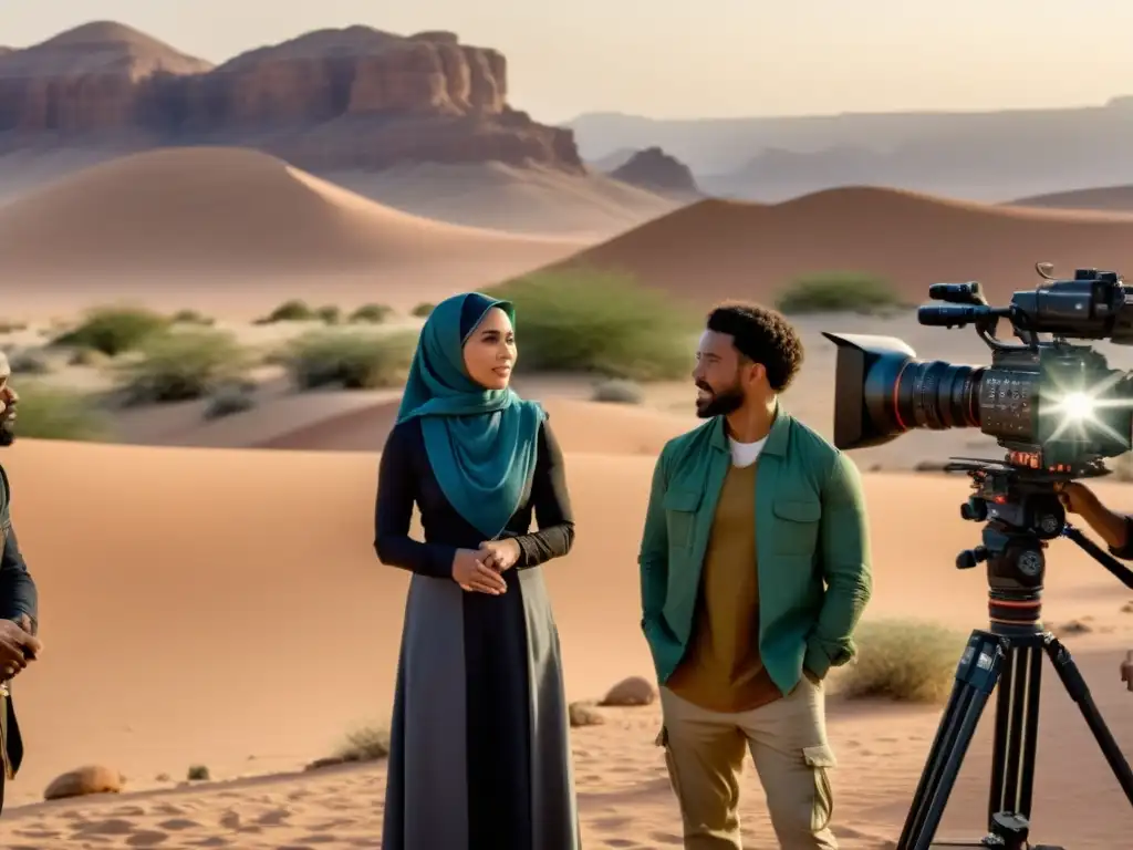 Una directora musulmana dirige un equipo diverso en un set de filmación, con un impresionante paisaje desértico de fondo