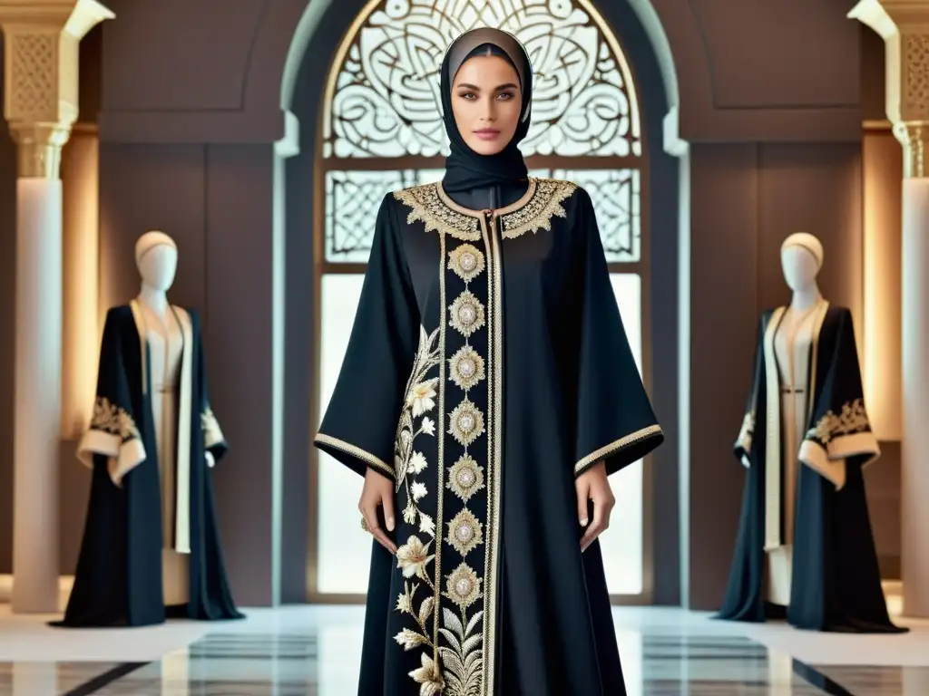 Diseñador de moda islámica confeccionando abayas de autor, fusionando tradición y modernidad en un ambiente creativo y elegante