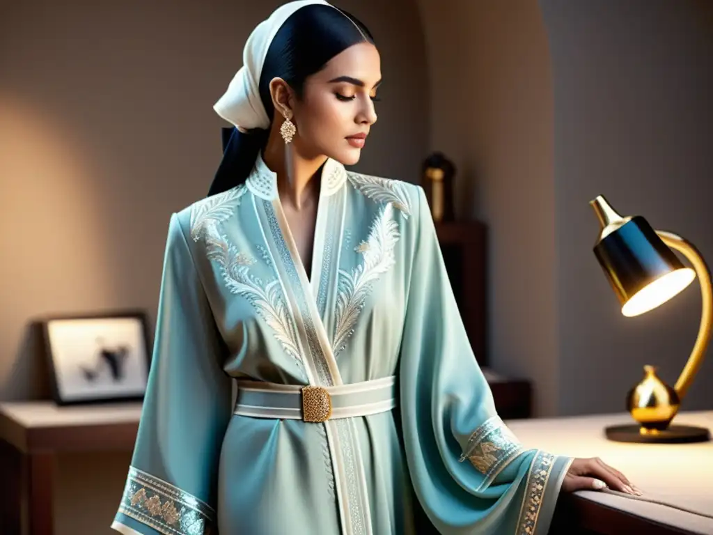 Un diseñador de moda islámica confecciona con esmero abayas de autor, rodeado de telas y bocetos elegantes, en un ambiente de creatividad y tradición