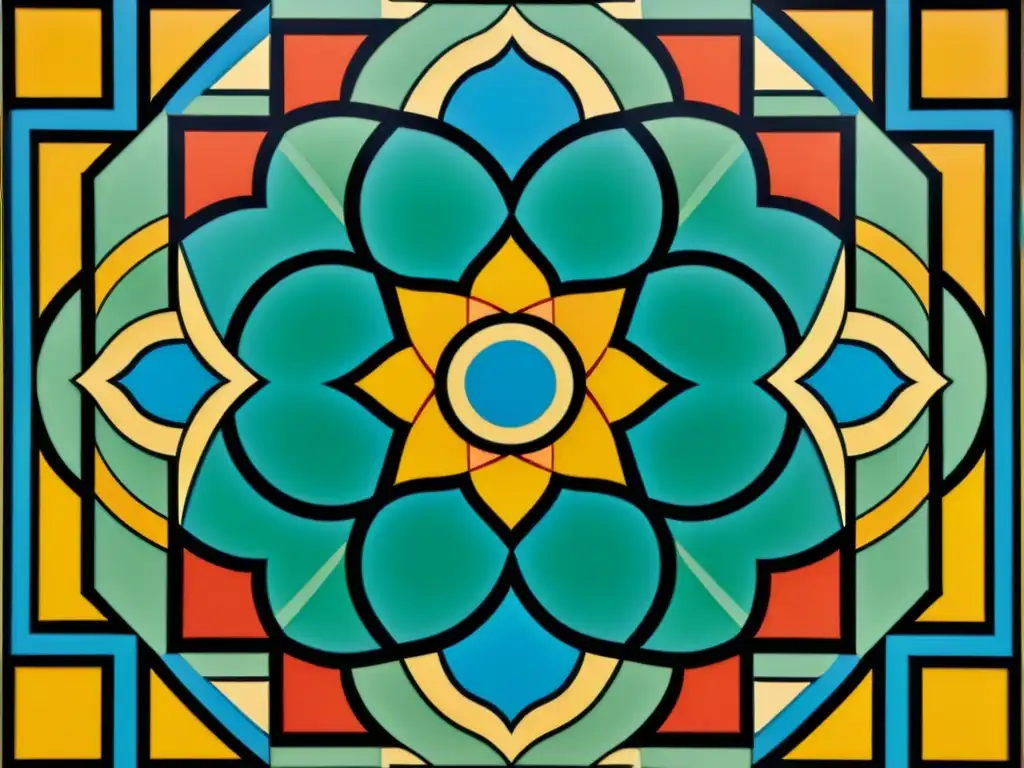 Un diseño geométrico islámico con colores vibrantes y patrones precisos, evocando avances matemáticos en el Islam medieval