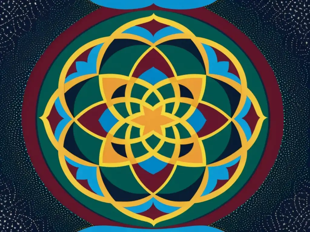 Arte geométrico islámico: diseño hipnótico con simetría y color Un diseño geométrico vibrante inspirado en el arte islámico, reflejando las matemáticas sufíes espirituales islámicas
