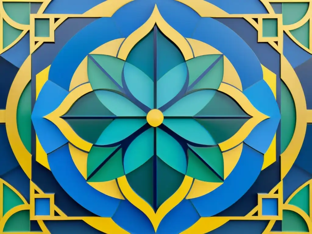 Un diseño de mosaico islámico con criptografía en tonos vibrantes de azul, verde y dorado, evocando arte y arquitectura tradicional islámica