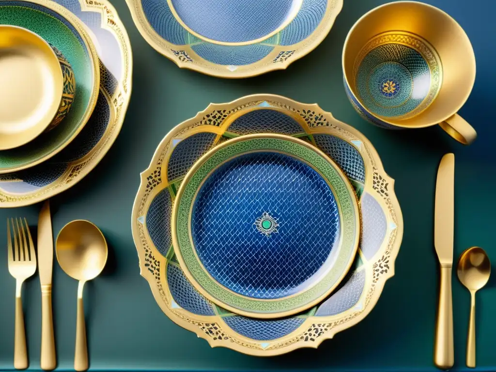 Diseño de vajillas islámicas: Detallada vajilla con patrones vibrantes en azul, verde y dorado, resaltando la elegante artesanía y tradición cultural