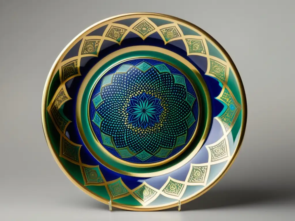 Diseño de vajillas islámicas: Una exquisita cerámica con patrones islámicos en azul, verde y oro, reflejando la elegancia y tradición