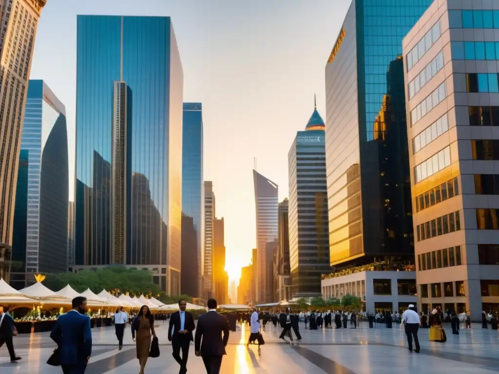 Un distrito financiero bullicioso con rascacielos modernos reflejando la luz dorada del atardecer