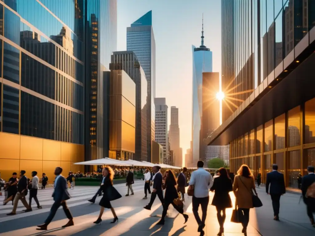 Un distrito financiero moderno con rascacielos que se alzan al cielo, gente transitando en las calles y el sol poniéndose en el horizonte