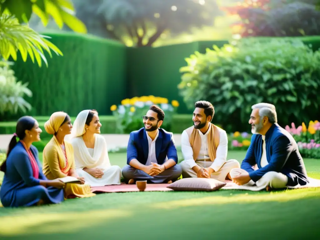 Diversa minoría bahá'í dialoga pacíficamente con la comunidad islámica en un jardín sereno y soleado, simbolizando armonía y unidad