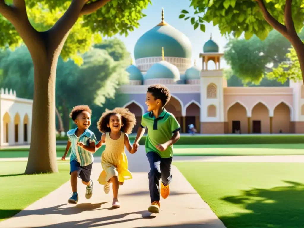 Diversidad y alegría: niños de diferentes culturas juegan felices en un parque, con ropa colorida