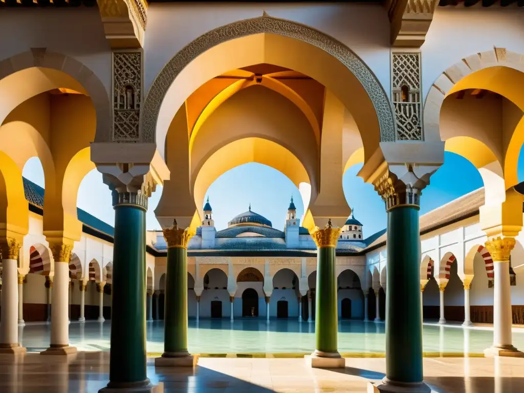 Diversidad en el auge intelectual islámico: Imagen impresionante de la Gran Mezquita de Córdoba, con detalles arquitectónicos islámicos, arcos hermosos y una fusión de elementos de diseño islámico y cristiano, simbolizando influencias culturales e intelectuales