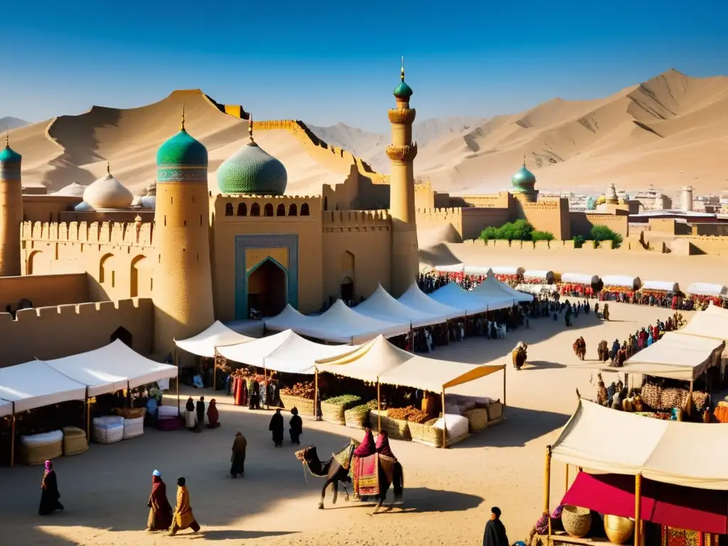 Diversidad cultural en fronteras islámicas: Mercado bullicioso en la encrucijada de la Ruta de la Seda, con comerciantes de diversas etnias y culturas intercambiando bienes bajo la sombra de majestuosos minaretes y ornamentada arquitectura islámica