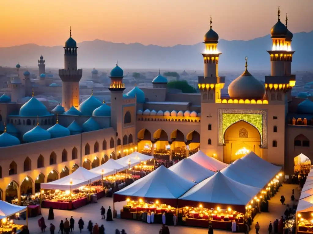 Diversidad cultural en el Islam: Mercado bullicioso en una ciudad islámica medieval, con colores vibrantes y arquitectura única al atardecer