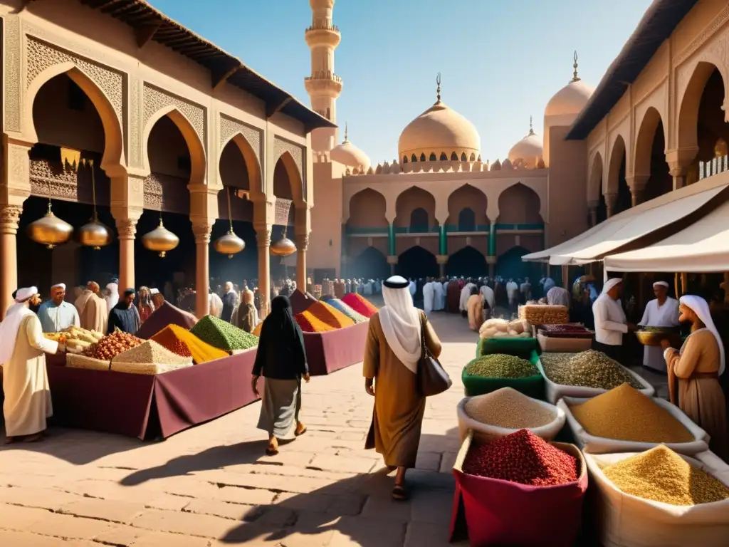 Diversidad cultural en el Islam: Mercado bullicioso con vibrantes textiles, especias y personas de distintos orígenes étnicos