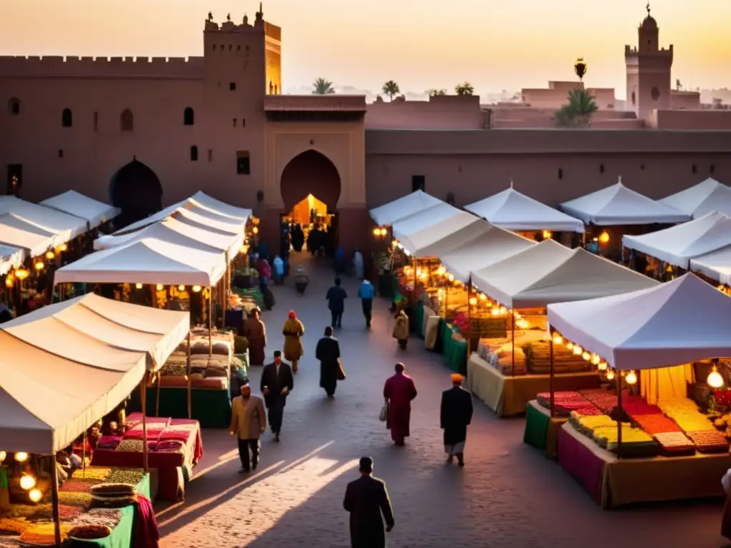 Diversidad cultural en el mundo islámico: bullicioso zoco en Marrakech al atardecer, con coloridos textiles y artesanías bajo la cálida luz dorada