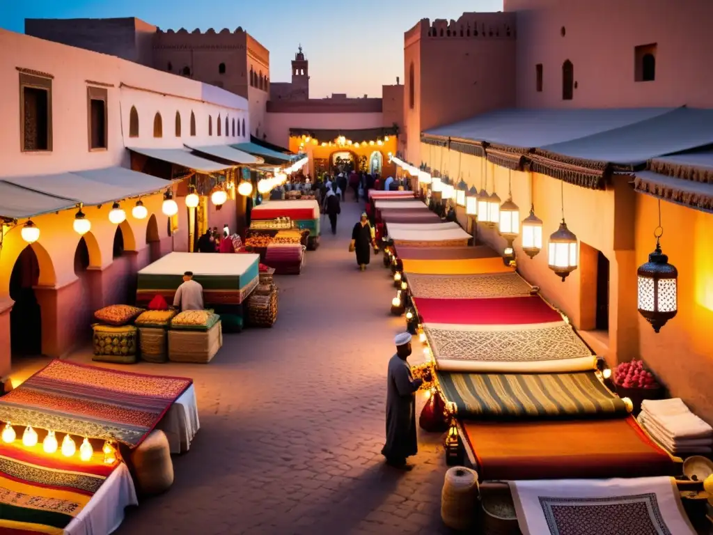 Diversidad cultural en el mundo islámico: Un bullicioso zoco en Marrakech con vibrantes textiles y el cálido atardecer