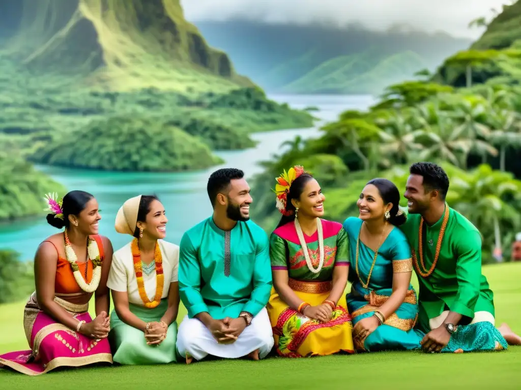 Diversidad islámica en Fiji: Celebración cultural con musulmanes en atuendos tradicionales, rodeados de naturaleza exuberante y colores vibrantes