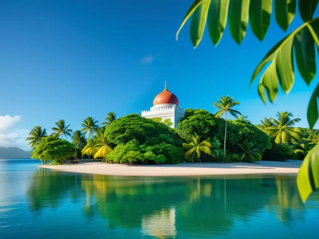 Diversidad islámica en Fiji: Una mezquita vibrante y diversa se destaca entre exuberante vegetación tropical, con el océano y el cielo azul de fondo