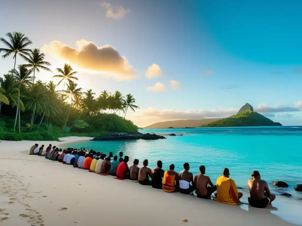 Diversidad islámica en Fiji: Musulmanes rezando en la impresionante costa, con aguas turquesas y atuendos vibrantes, bajo el cálido atardecer tropical