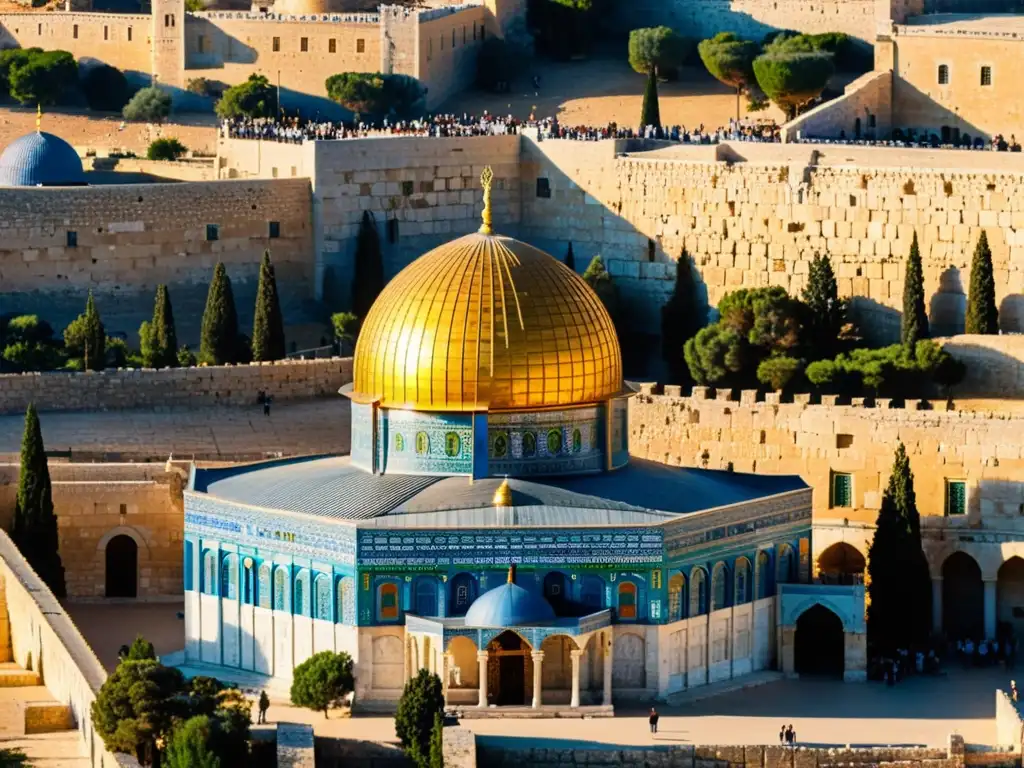 Dome of the Rock en Jerusalén durante la hora dorada, resaltando sus raíces históricas y el conflicto árabe-israelí