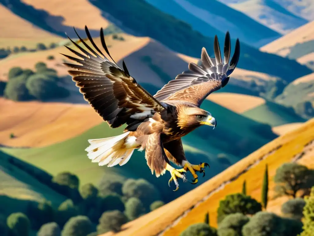 Un águila dorada majestuosa surca el cielo sobre un paisaje vibrante