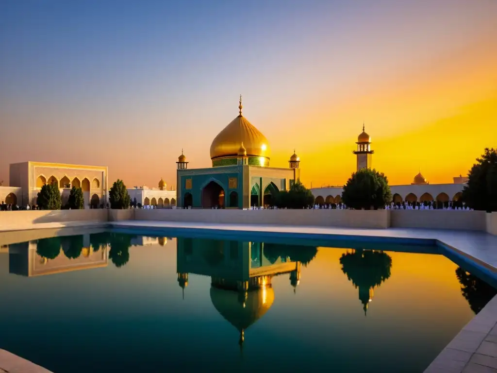 La cúpula dorada de la Mezquita de Jamkaran en Qom, Irán, se destaca contra un cielo de atardecer vívido