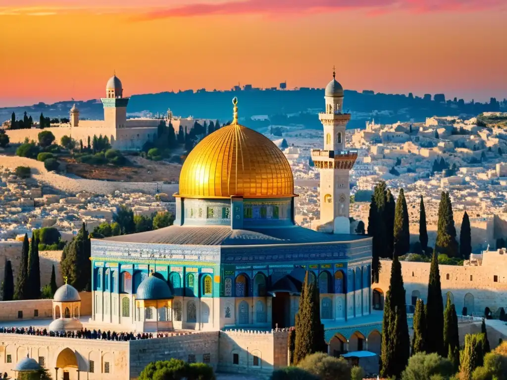 La cúpula dorada del Roca en Jerusalén durante un atardecer vibrante