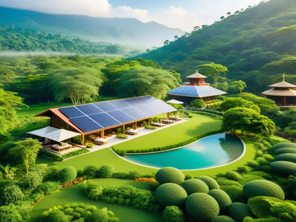 Un eco-resort Halal sostenible en un bosque exuberante, con huertos orgánicos y actividades respetuosas con la naturaleza
