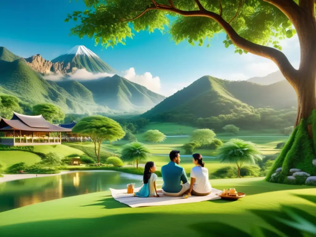Un ecoresort Halal sostenible en un valle verde, con arquitectura islámica