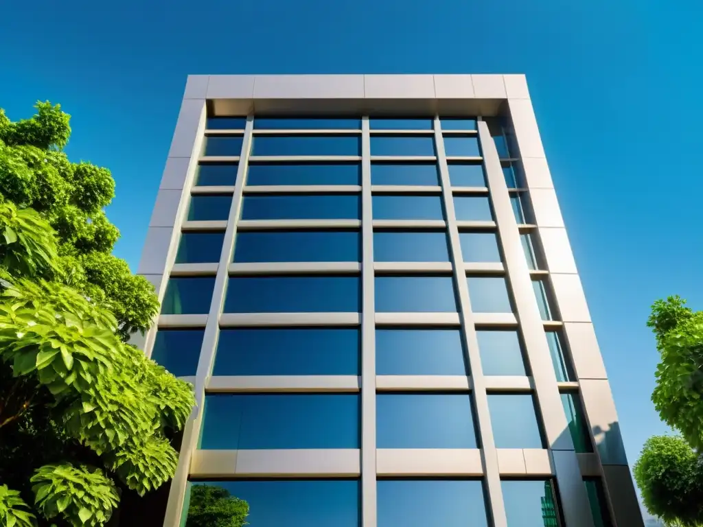 Edificio de banca islámica moderna con diseño arquitectónico elegante y patrones geométricos islámicos, rodeado de exuberante vegetación y cielo azul