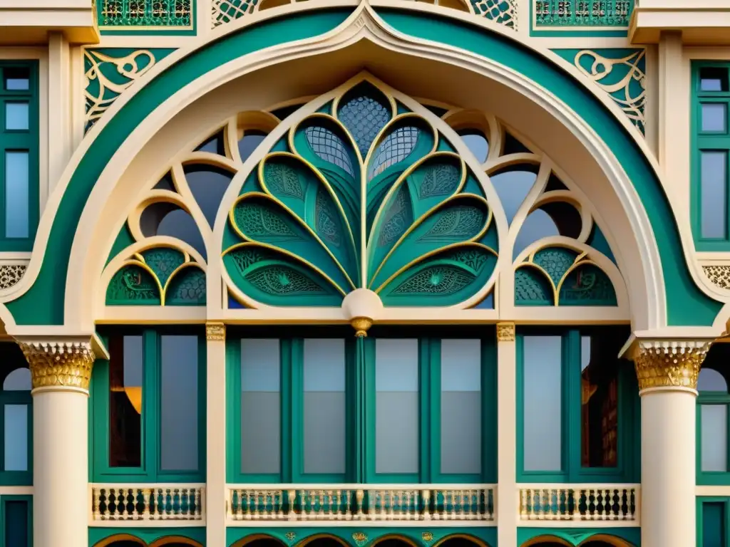 Edificio Art Nouveau con detalles de Geometría islámica, fusionando elegantes curvas y patrones ornamentales en una armoniosa influencia cultural