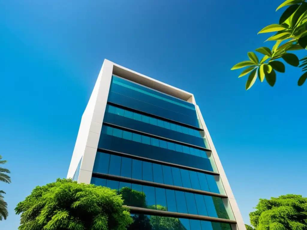 Un edificio moderno de un banco islámico, con diseño elegante y ventanales reflejando la luz del sol