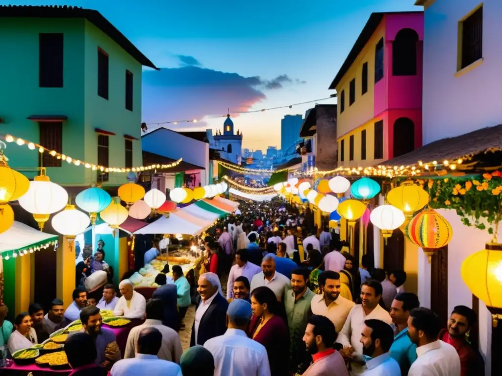 Eid al-Fitr en la cultura latinoamericana: Calle vibrante y bulliciosa, decorada con luces y adornos coloridos