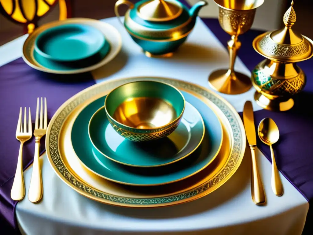 Un elegante comedor con diseño de vajillas islámicas, muestra patrones geométricos y colores vibrantes en un ambiente lujoso y tradicional