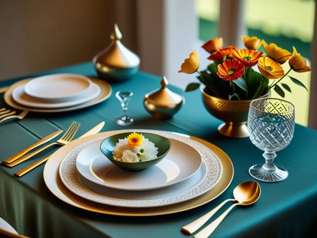 Una elegante mesa de comedor islámica, con vajilla y decoración exquisitas, crea un ambiente sereno y acogedor