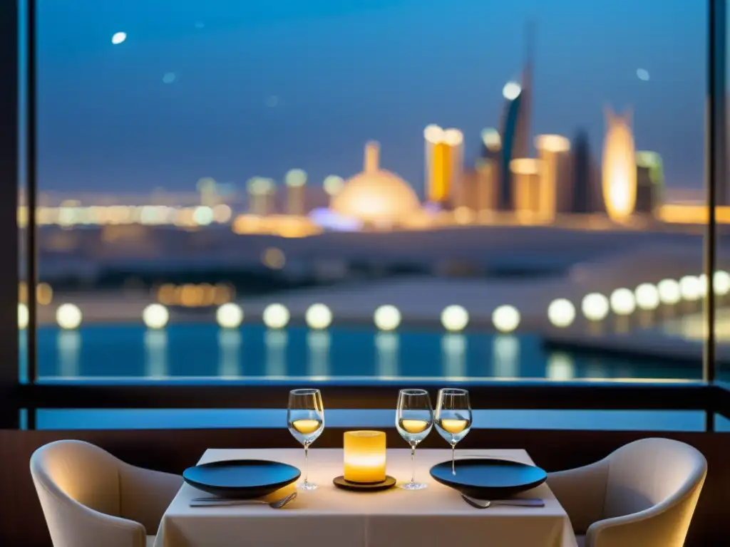 Una elegante mesa en Idam por Alain Ducasse, en el Museo de Arte Islámico de Doha, con vistas nocturnas de la ciudad