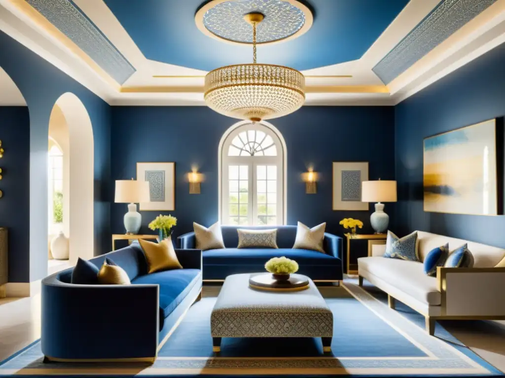 Salón islámico con diseños geométricos y luz natural Un elegante salón con decoración islámica sutil en tonos suaves de azul, oro y crema, creando una atmósfera serena y sofisticada