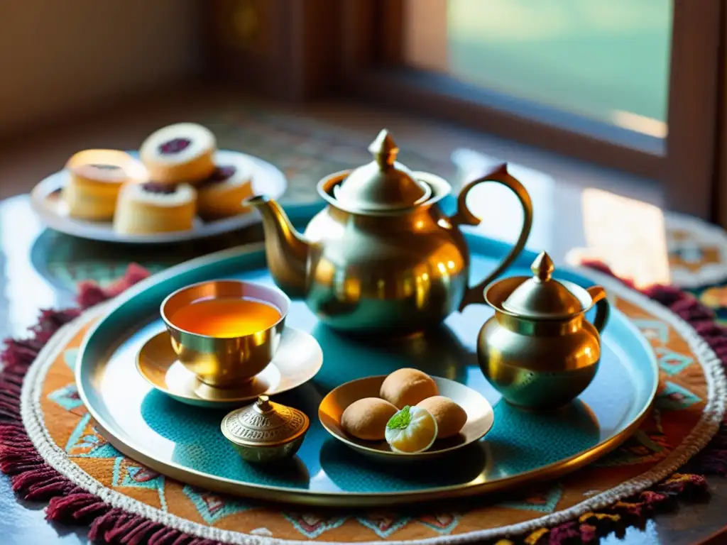 Un elegante set de té de latón sobre una vibrante alfombra marroquí con vapor de té de menta, pasteles y frutas secas