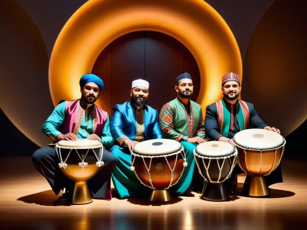 Un emocionante concierto de percusión en la música islámica, con maestros en trajes tradicionales interpretando ritmos hipnóticos en un elegante salón