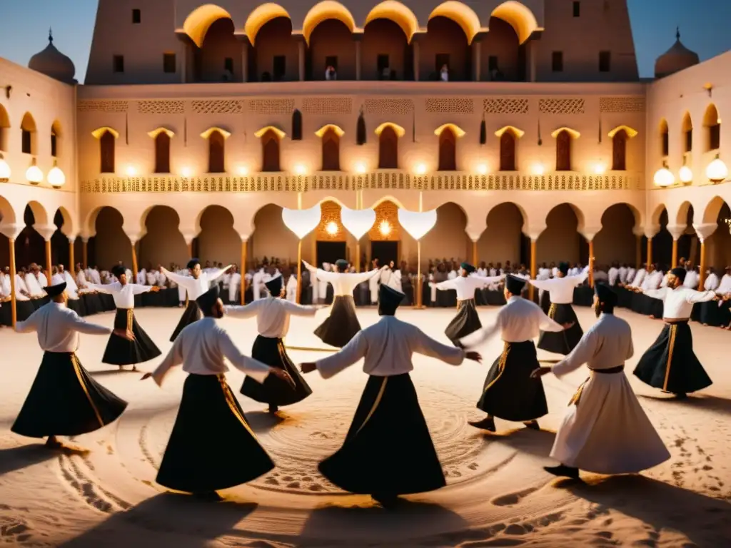 Una emocionante danza de derviches en una reunión sufí egipcia bajo la luz de las linternas