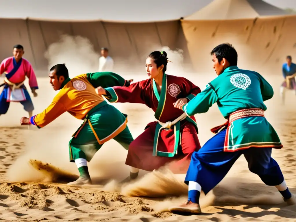 Un emocionante enfrentamiento de kurash en un campo soleado