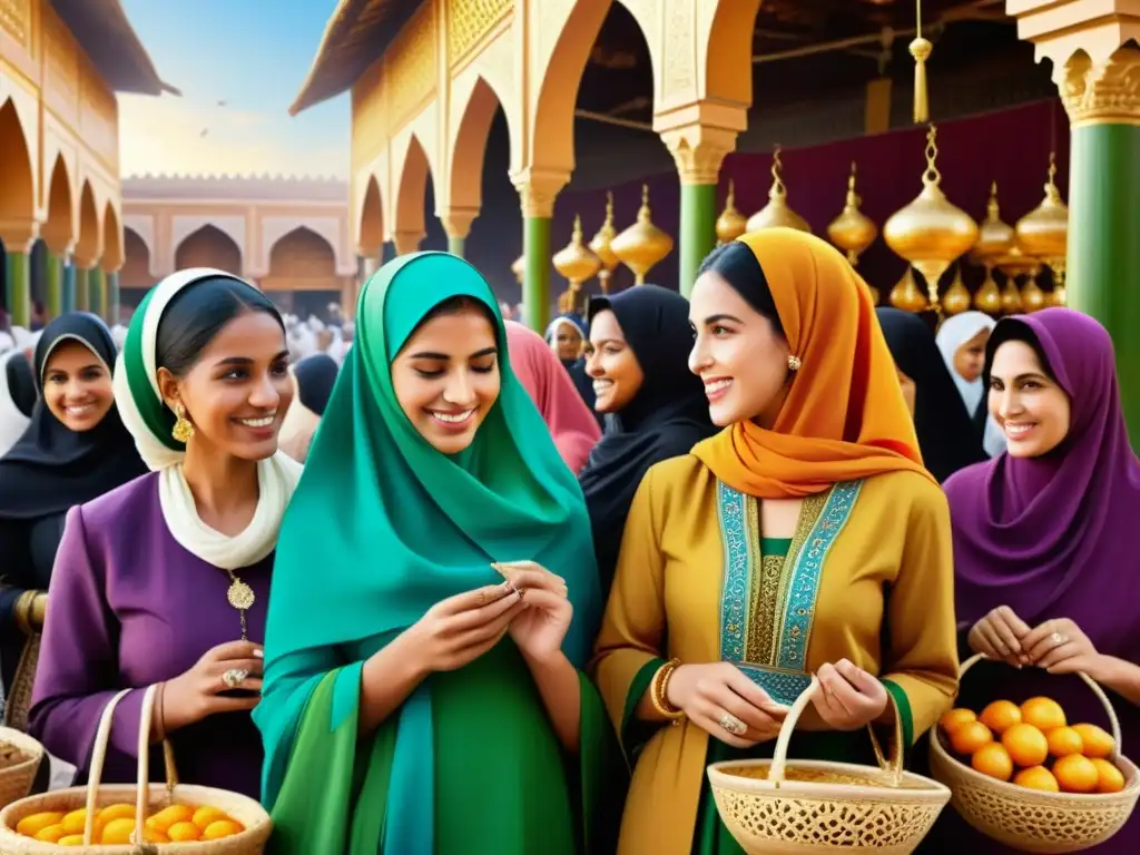 Una emocionante representación de mujeres en arte islámico, con vibrantes atuendos tradicionales y un bullicioso mercado de fondo