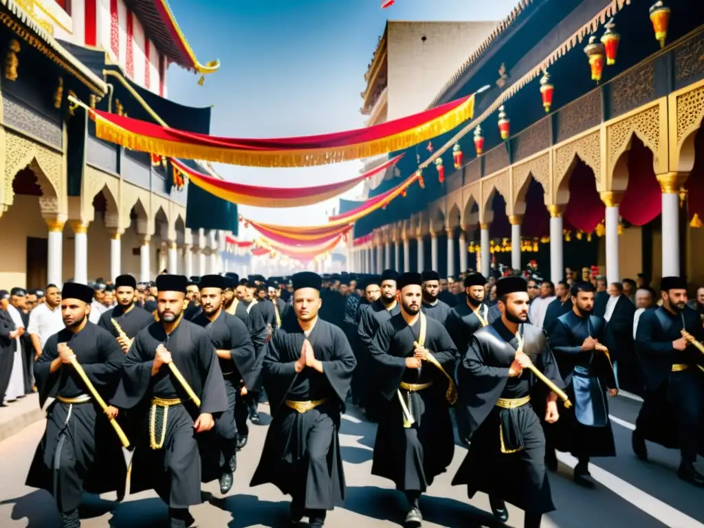 Una emotiva conmemoración de Ashura en Islam: gente de luto, banderas al aire y una calle histórica decorada