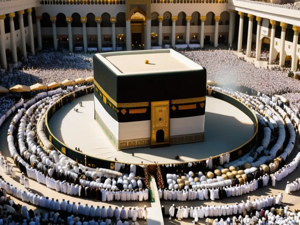 Una emotiva escena de la multitud de peregrinos en ihram blanco circulando la Kaaba durante el Hajj, bañada por una cálida luz solar