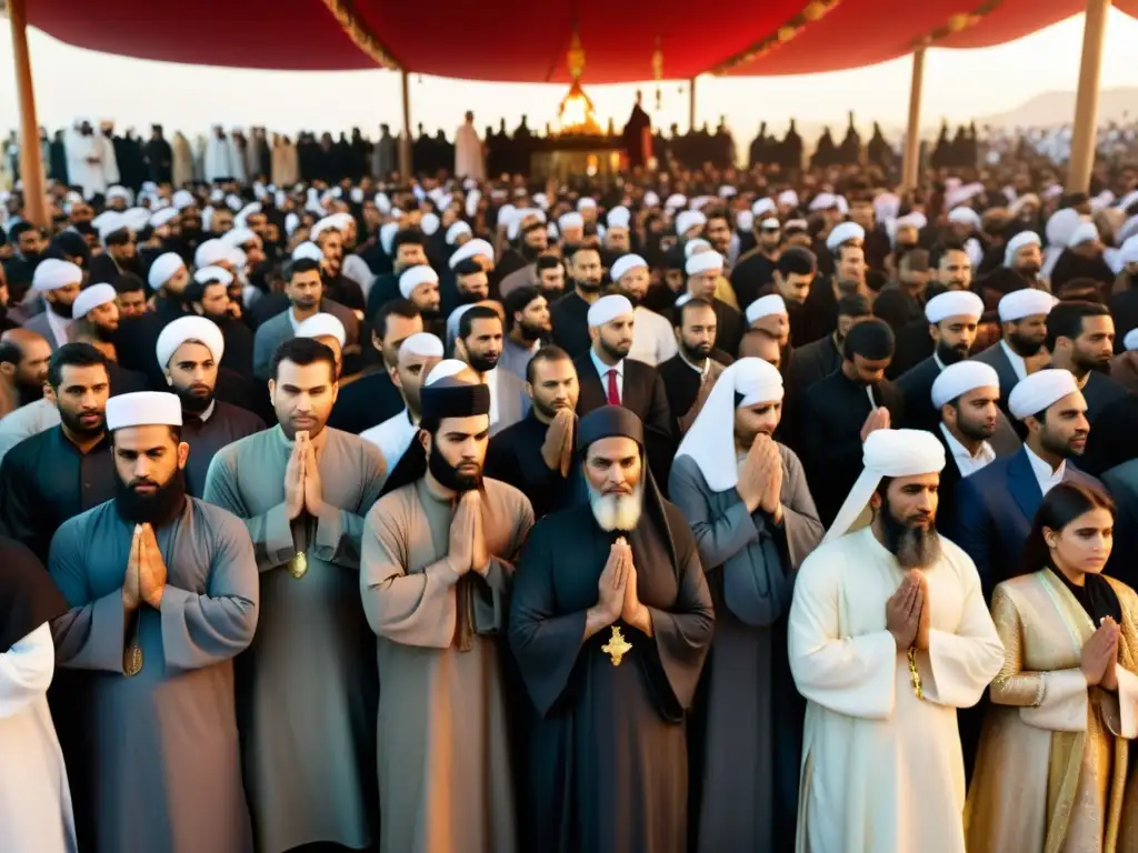 Emotiva festividad Ashura Islam chiíta: diverso grupo de musulmanes suníes reza y participa en rituales, vistiendo atuendos tradicionales