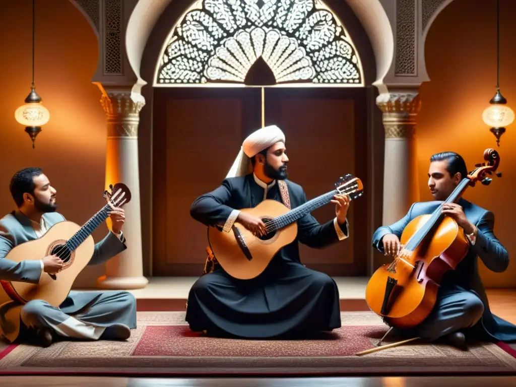 Un emotivo concierto de música clásica islámica con músicos apasionados y trajes tradicionales