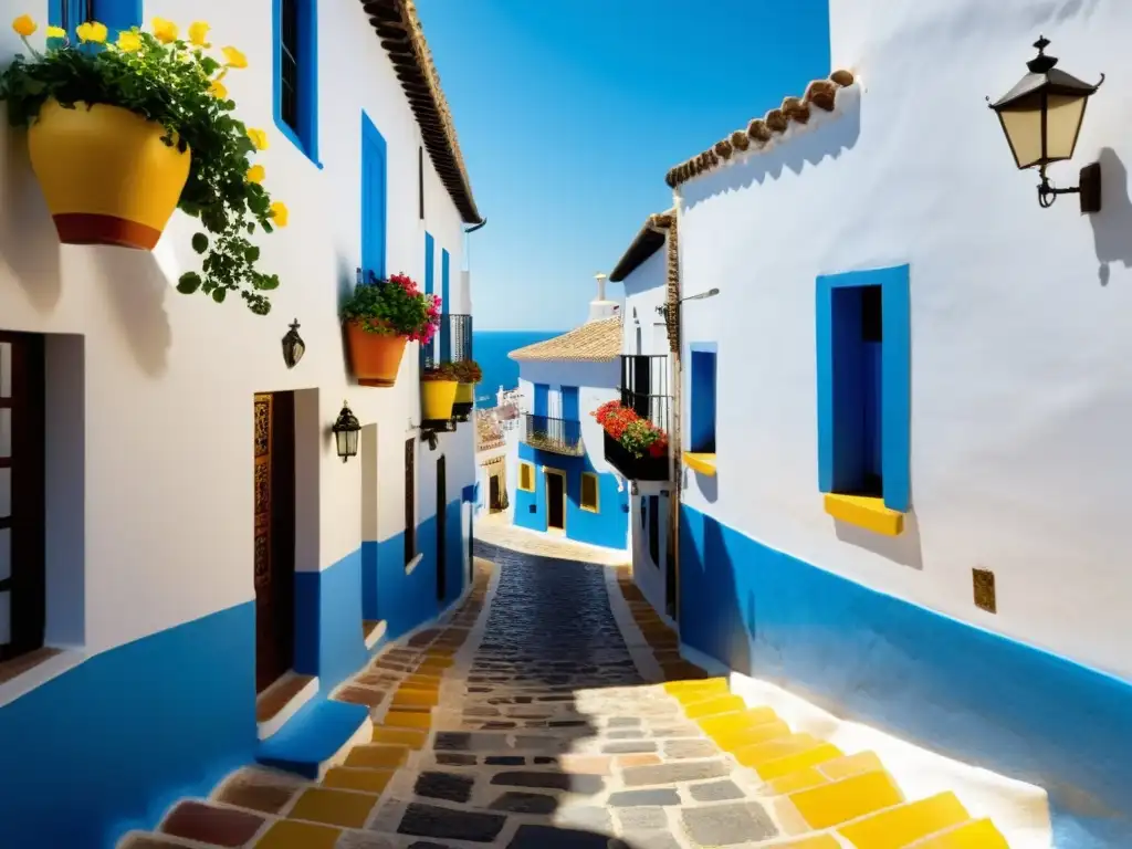 Misteriosa belleza de la ciudad española Un encantador pueblo histórico español con calles empedradas, edificios blancos y coloridos azulejos moriscos