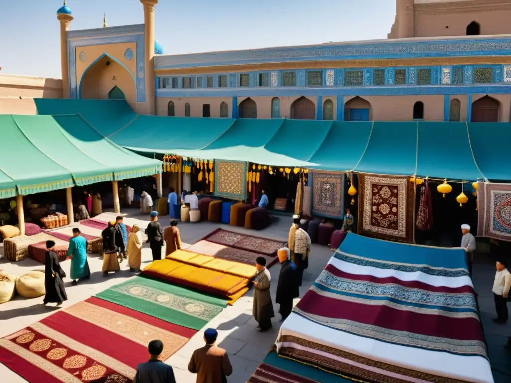 Encuentro entre Islam y tradiciones nómadas en un bullicioso mercado de Turkestán, con textiles coloridos y arquitectura islámica ornamental