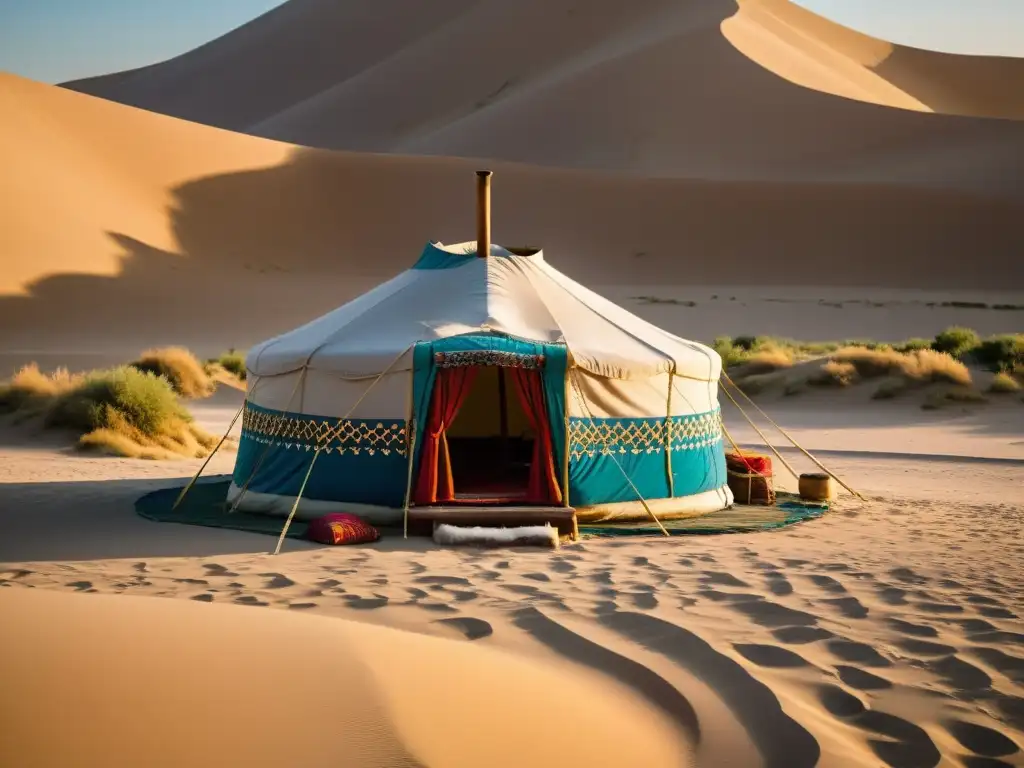 Encuentro entre Islam y tradiciones nómadas: Yurta nómada en el desierto de Turkestán, con ancianos compartiendo tradiciones bajo el cálido sol dorado